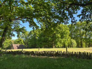 Historischer Wanderweg mit Zaun, Wiese und Fachwerkhaus unter Eichen